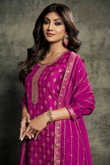 Shilpa Shetty Magenta Color Embroidered Designer Straight Cut Long Salwar Suit