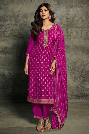 Shilpa Shetty Magenta Color Embroidered Designer Straight Cut Long Salwar Suit