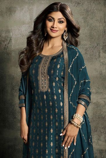 Shilpa Shetty Embroidered Teal Color Jacquard Fabric Designer Straight Cut Long Salwar Suit