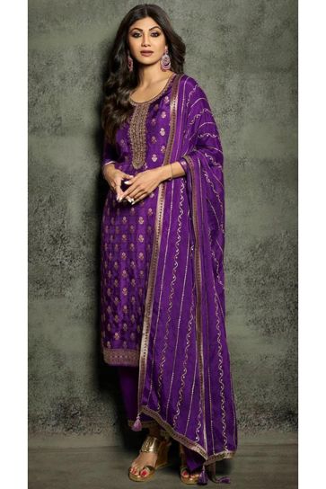 Shilpa Shetty Jacquard Fabric Embroidered Designer Straight Cut Long Salwar Suit