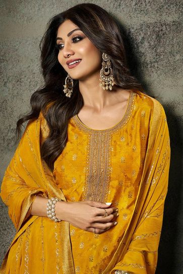 Shilpa Shetty Yellow Color Embroidered Designer Straight Cut Long Salwar Kameez