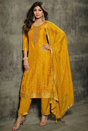 Shilpa Shetty Yellow Color Embroidered Designer Straight Cut Long Salwar Kameez