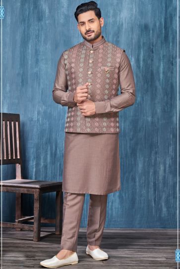 Coffee Stunning Banarasi Silk Fabric Embroidery Work Function Wear Readymade Kurta Pyjama For Men With Jacket