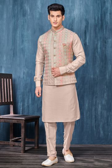 Banarasi Silk Lovely Beige Color Festive Wear Embroidery Work Readymade Kurta Pyjama For Men With Jacket