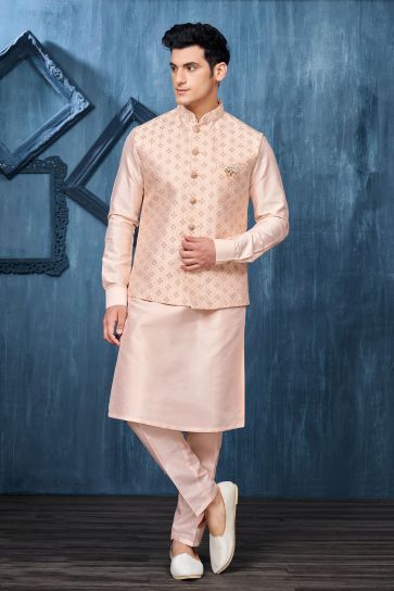 Banarasi Silk Embroidery Work Peach Color Sangeet Wear Pretty Readymade Kurta Pyjama For Men With Jacket