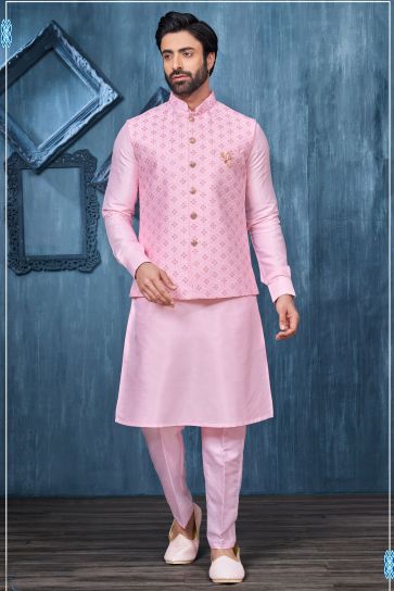 Reception Wear Pink Color Banarasi Silk Fabric Attractive Embroidery Work Readymade Kurta Pyjama For Men With Jacket