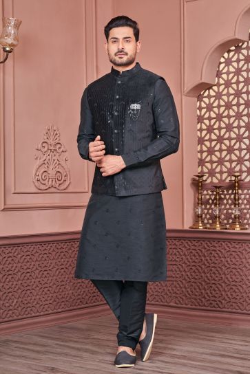 Velvet Fabric Black Color Festive Wear Readymade Men Stylish Kurta Pyjama With Nehru Jacket set 