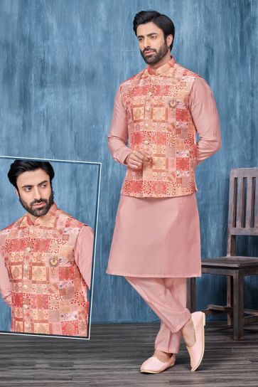 Jacquard Stunning Peach Color Function Wear Readymade Men Kurta Pyjama With Jacket