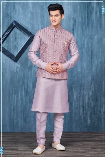 Lavender Banarasi Silk Festive Wear Readymade Lovely Kurta Pyjama For Men With Jacket