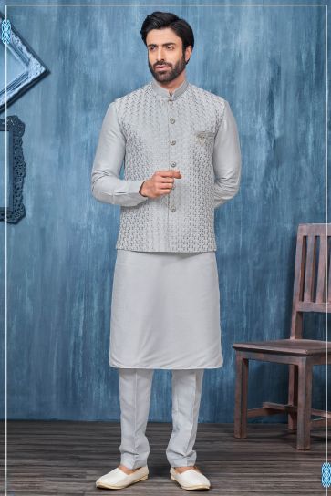 Gorgeous Grey Color Banarasi Silk Fabric Function Wear Readymade Kurta Pyjama For Men With 3 Pcs Jacket Set