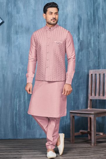 Banarasi Silk Fabric Pink Color Sangeet Wear Readymade Stunning Men Kurta Pyjama With 3 Pcs Jacket Set
