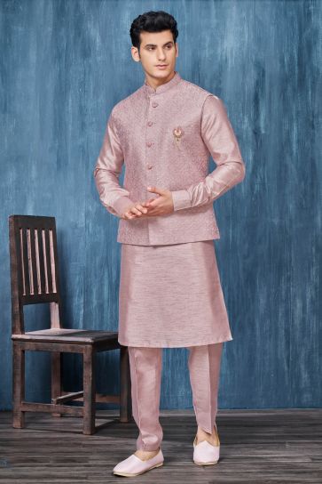 Pink Color Sangeet Wear Readymade Lovely Banarasi Silk Fabric Kurta Pyjama For Men With 3 Pcs Jacket Set