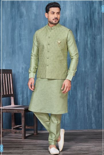 Pretty Sea Green Color Banarasi Silk Fabric Reception Wear Readymade Men Kurta Pyjama With 3 Pcs Jacket Set