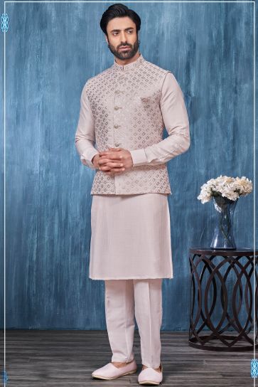 Reception Wear Readymade Pink Color Banarasi Silk Fabric Beautiful Kurta Pyjama For Men With 3 Pcs Jacket Set