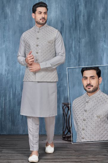 Moss Grey Color Banarasi Silk Fabric Readymade Men Kurta With Jacket Set