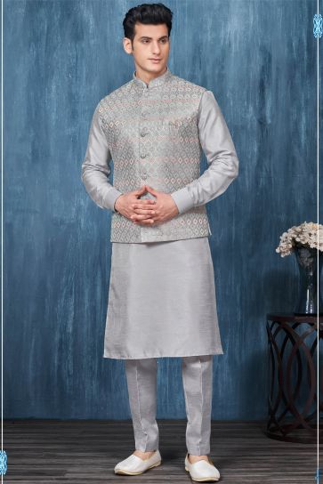 Grey Color Banarasi Silk Fabric Designer Readymade Kurta Pyjama With Jacket