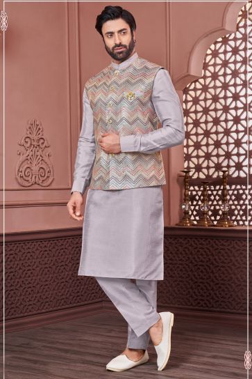 Embroidery Work Grey Color Banarasi Silk Fabric Function Wear Readymade Kurta Pyjama For Men With Jacket