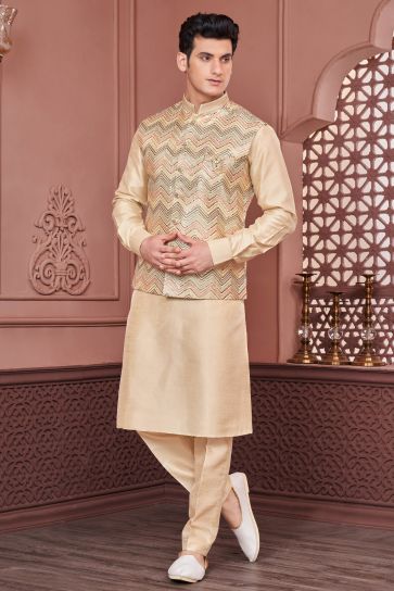 Banarasi Silk Fabric Embroidery Work Cream Color Festive Wear Readymade Men Stylish Kurta Pyjama With Jacket