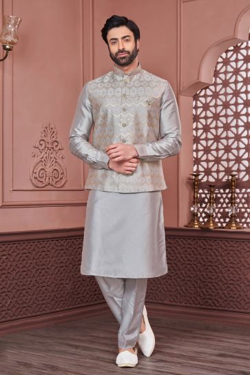 Grey Banarasi Silk Fabric Embroidery Work Sangeet Wear Trendy Readymade Kurta Pyjama For Men With Jacket