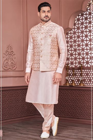 Banarasi Silk Peach Color Wedding Wear Embroidery Work Readymade Designer Men Kurta Pyjama With Jacket
