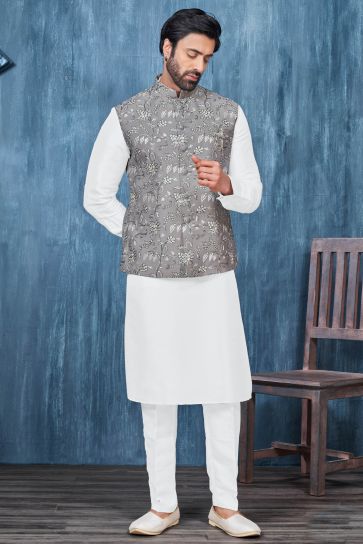 White Color Banarasi Silk Fabric Readymade Embroidery Work Men Kurta Pyjama With Jacket