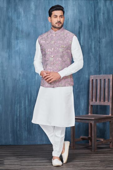 Embroidery Work White Color Reception Wear Readymade Banarasi Silk Fabric Kurta Pyjama For Men With Jacket