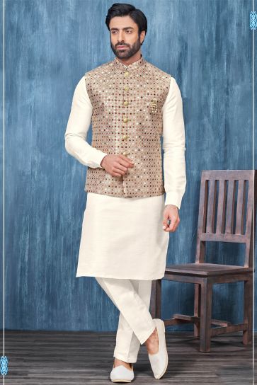 Fancy Fabric Embroidery Work Function Wear Readymade Cream Color Kurta Pyjama For Men With Jacket