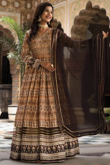 Soft Printed Beige Color Dola Silk Readymade Party Style Gown With Dupatta