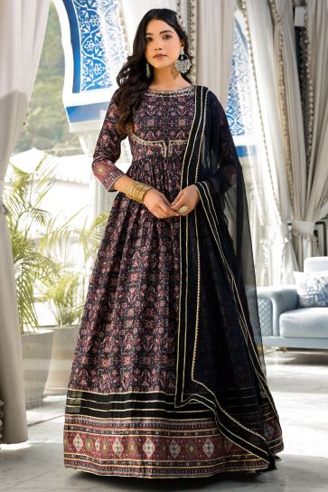 Faded Black Color Dola Silk Printed Readymade Party Style Gown With Dupatta
