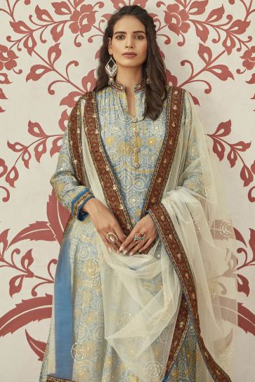 Charming Multi Color Jacquard Fabric Bandhani Print Readymade Gown