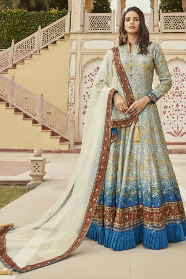Charming Multi Color Jacquard Fabric Bandhani Print Readymade Gown