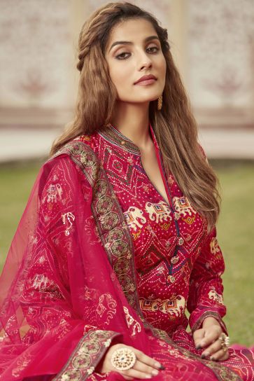 Beautiful Rani Color Jacquard Fabric Bandhani Print Readymade Gown