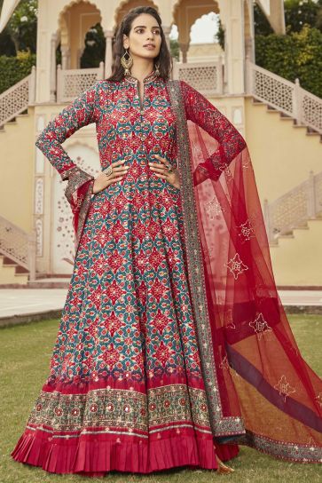 Attractive Jacquard Fabric Multi Color Bandhej Print Readymade Gown