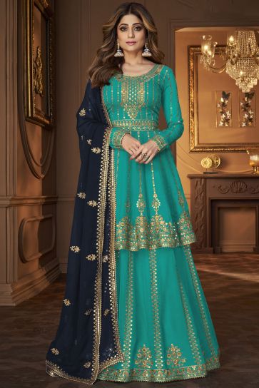 Shamita Shetty Radiant Sea Green Color Georgette Fabric Sharara Top Lehenga