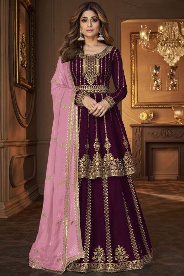 Shamita Shetty Beguiling Purple Color Georgette Fabric Sharara Top Lehenga