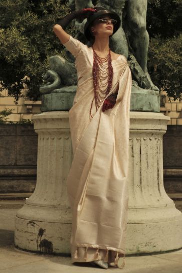 Function Wear Satin Silk Handloom Weaving Designer Saree In Cream Color