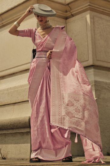 Pink Handloom Weaving Satin Silk Saree