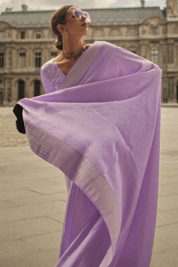Handloom Weaving Satin Silk Function Wear Saree In Lavender Color
