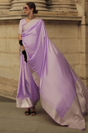 Handloom Weaving Satin Silk Function Wear Saree In Lavender Color