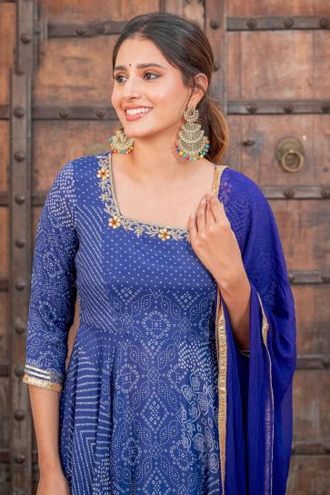Muslin Fabric Navy Blue Color Readymade Anarkali Suit With Intricate Fancy Work