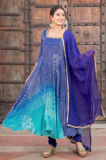 Muslin Fabric Navy Blue Color Readymade Anarkali Suit With Intricate Fancy Work