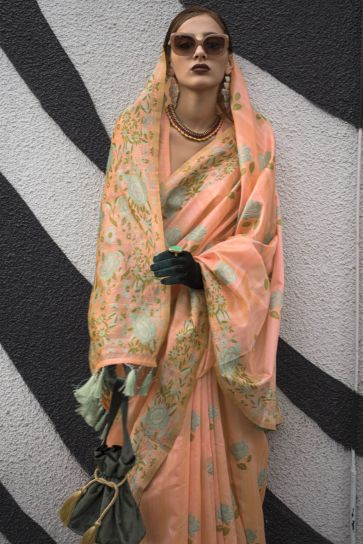 Beautiful Art Silk Fabric Peach Color Jacquard Work Saree