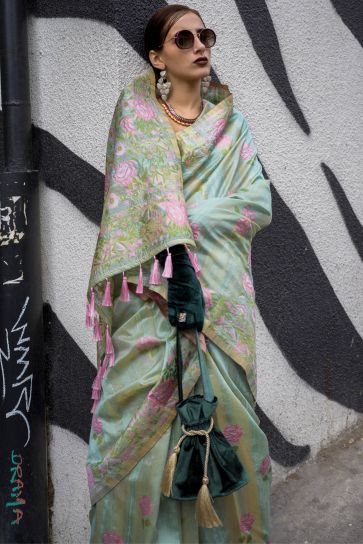 Sea Green Color Art Silk Fabric Jacquard Work Saree