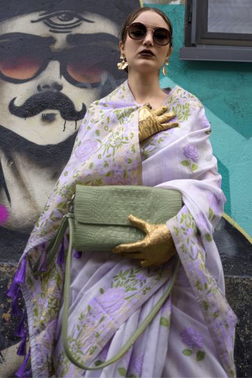 Lavender Color Jacquard Work Art Silk Fabric Party Wear Saree