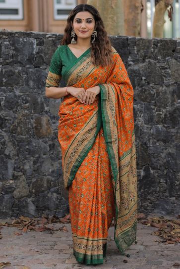 Exclusive Dola Silk Fabric Orange Color Printed Patola Saree
