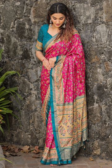 Rani Color Dola Silk Fabric Printed Patola Saree