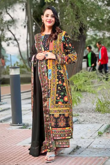 Excellent Muslin Fabric Black Color Readymade Printed Palazzo Suit