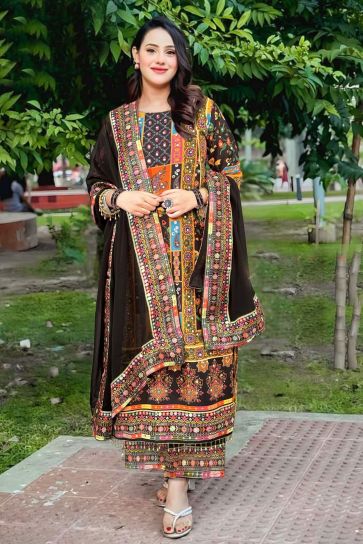 Excellent Muslin Fabric Black Color Readymade Printed Palazzo Suit