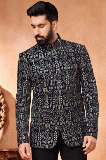 Navy Blue Color Wedding Wear Velvet Fabric Designer Readymade Jodhpuri Jacket For Men