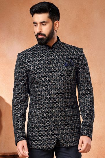 Navy Blue Color Velvet Fabric Wedding Wear Designer Readymade Jodhpuri Jacket For Men
